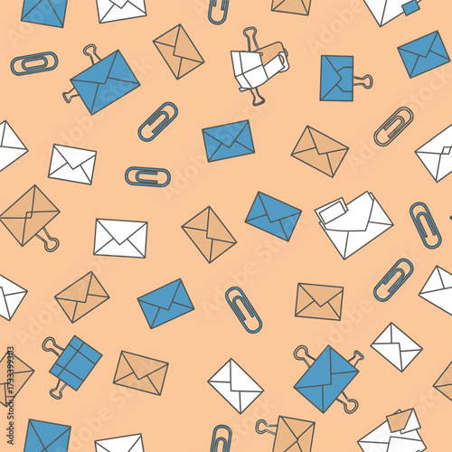 Cute Kawai Seamless Pattern of Office Supplies with Envelopes and Clips