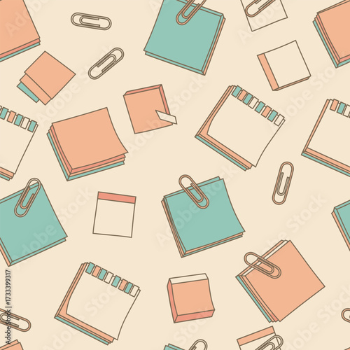 A Cute Kawai Seamless Pattern Background with Cartoon Sticky Notes and Office Paper Clips