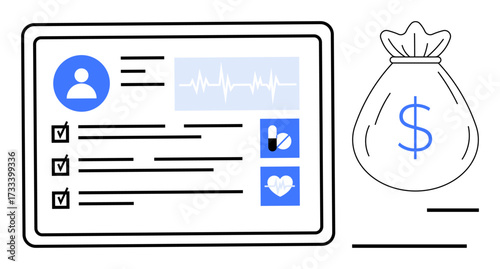 Medical dashboard showing user profile, health checklist, heart and medication icons, next to a bag with a dollar sign. Ideal for healthcare, finance, insurance, medical billing, technology cost
