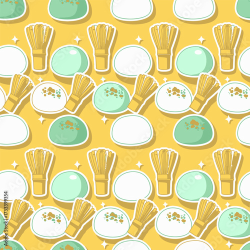 Cute Kawai Seamless Pattern with Japanese Matcha Mochi and Tea Whisk