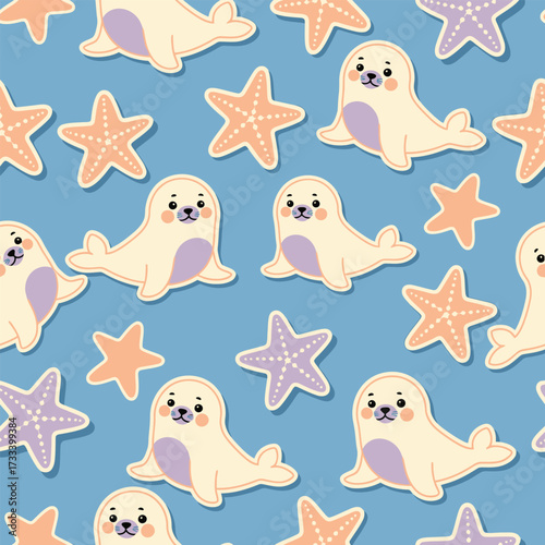 Cute Kawai Seamless Pattern with adorable baby seals and colorful starfish on a blue background