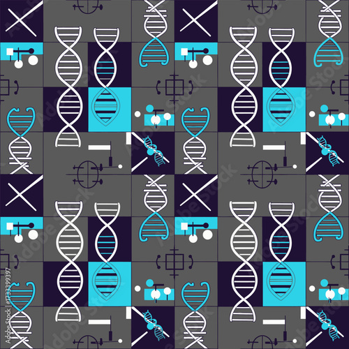 Futuristic Science Seamless Pattern with Cute Kawai DNA and Abstract Genetic Elements