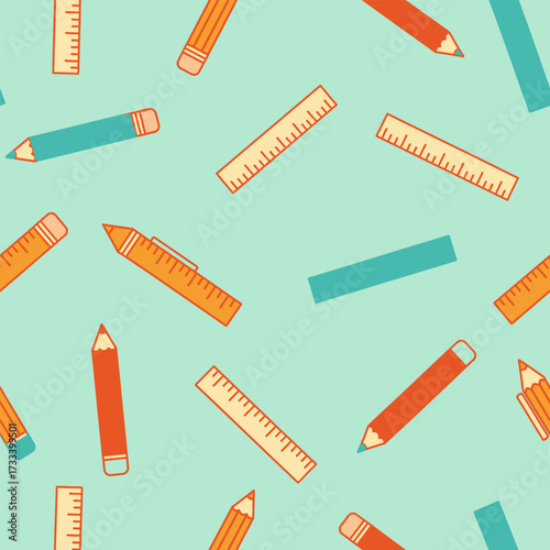 A Cute Kawai Seamless Pattern of School Supplies featuring Colorful Pencils and Rulers. Vector Background