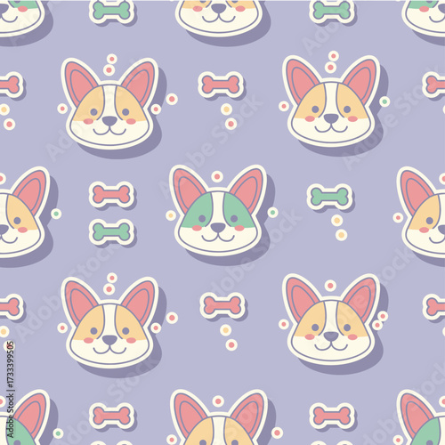 A Cute Kawai Seamless Pattern featuring adorable corgi dog faces and bones on a purple background