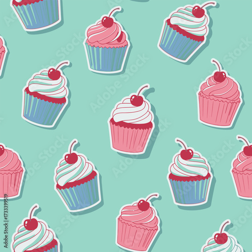 A Cute and Kawaii Seamless Pattern of Sweet Dessert Cupcakes with a Cherry Topping