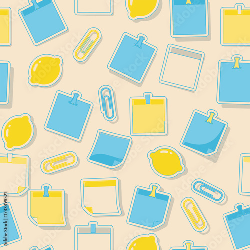 A Cute Kawai Seamless Pattern with Office Stationery Stickers, Sticky Notes, and Lemons
