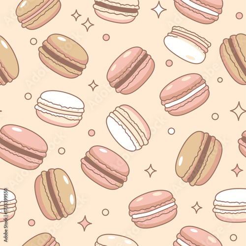 Cute Kawai Seamless Pattern of Pink and Brown French Macaron Desserts Illustration