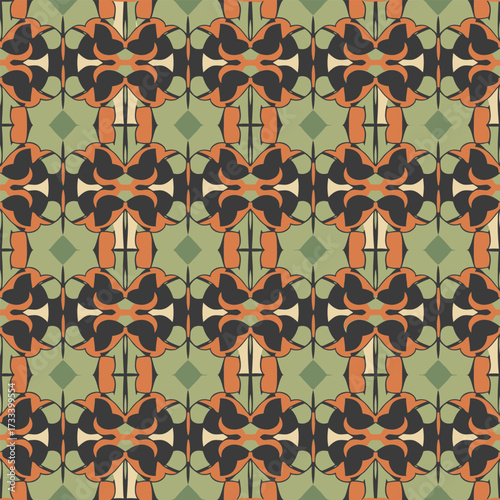 Abstract Folk Art Symmetrical Seamless Pattern, A Cute Kawai Style for Textiles and Backgrounds