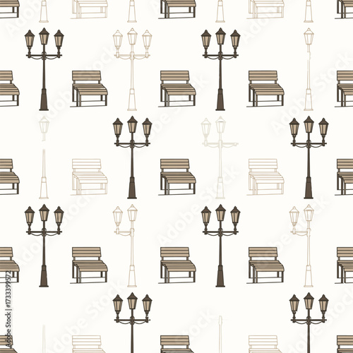 Charming City Park Seamless Pattern with Cute Kawai Benches and Vintage Street Lampposts for Design