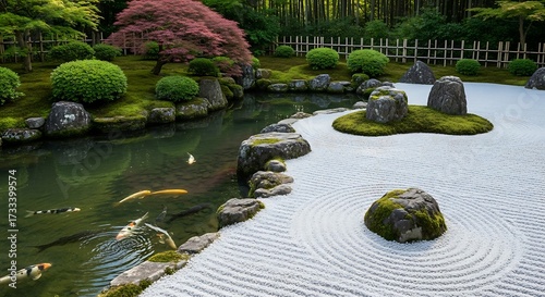 A beautiful Japanese garden pond landscape with a stone bridge, trees, and their serene reflection in the water