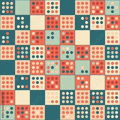 Playful Kawai seamless pattern featuring a cute grid of geometric dotted squares in a vintage color palette