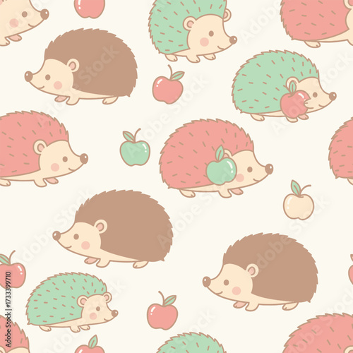 Cute Kawai Seamless Pattern with adorable hedgehogs and red apples on a light background