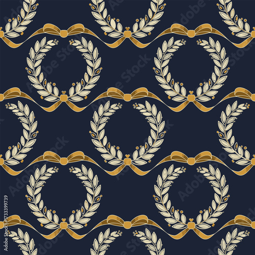 Elegant Golden Laurel Wreath and Ribbon Cute Kawai Seamless Pattern on Dark Blue Background