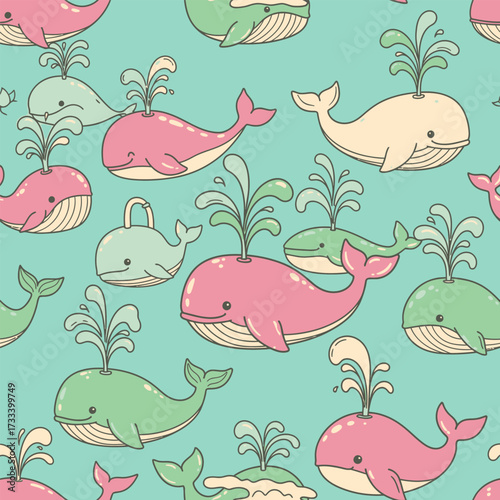 Adorable Cute Kawai Whales Seamless Pattern, Cartoon Marine Animals Background Illustration