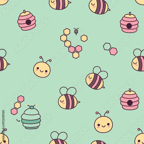 Adorable Honey Bees and Pink Beehives in a Cute Kawaii Seamless Pattern for Children's Fabric