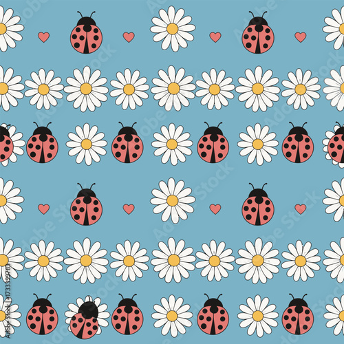 Cute Kawaii Seamless Pattern with cartoon ladybugs, daisies, and hearts on a blue background