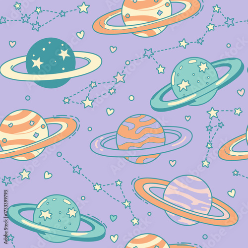Cute Kawai Space Seamless Pattern with Cartoon Planets and Stars