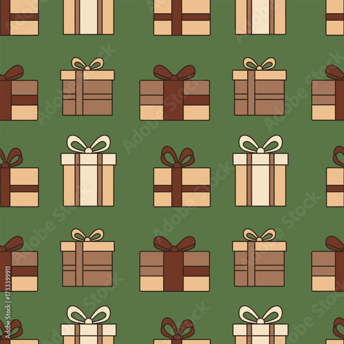 A Festive Seamless Pattern of Cute Kawai Christmas Gift Boxes on a Green Background for Holiday Wrapping Paper