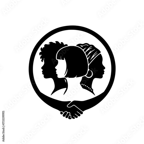 This impactful design features three distinct female head silhouettes with varied hairstyles, powerfully representing diversity in age, race, and background. The figures are united within a circle