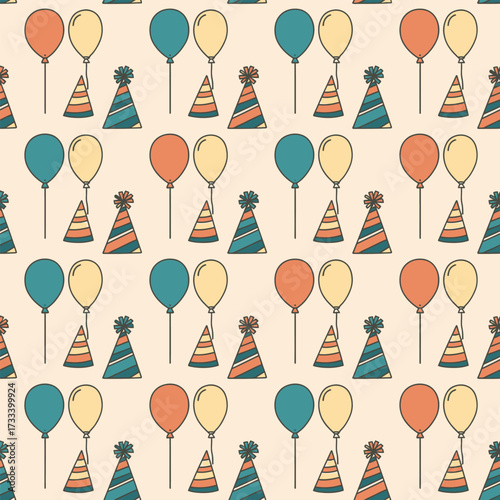 A Cute Kawai seamless pattern featuring festive birthday party hats and balloons for a celebratory background
