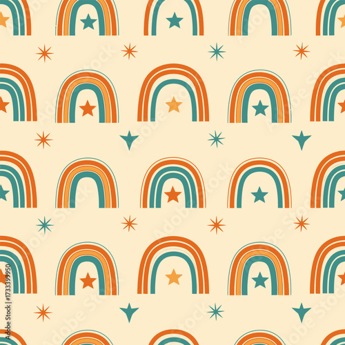 Cute Kawai Seamless Pattern with Retro Groovy Rainbows and Stars in a Bohemian Style