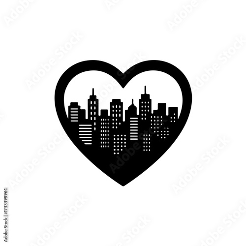 This appealing design features a detailed city skyline or cluster of urban buildings nestled within or beneath a prominent heart symbol. It beautifully visualizes the concept of love for the city