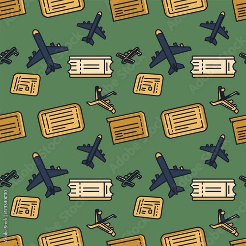 Cute Kawai Seamless Pattern of Cartoon Airplanes and Travel Tickets for Aviation Themed Backgrounds and Wallpaper