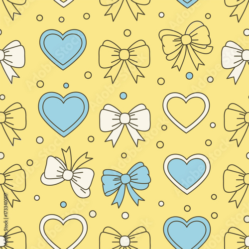 Cute Kawai Seamless Pattern with Love Hearts and Bows on a Yellow Background