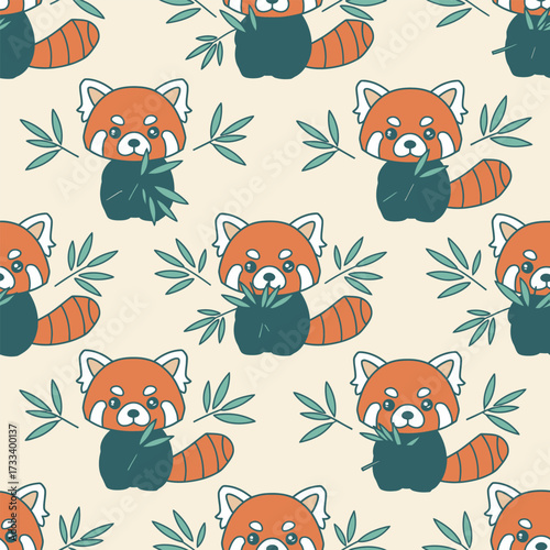 Charming seamless pattern with a cute Kawaii red panda eating bamboo for fabric and wallpaper design