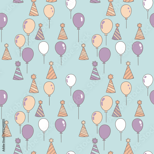 Cute Kawai Birthday Celebration Seamless Pattern with Balloons and Party Hats