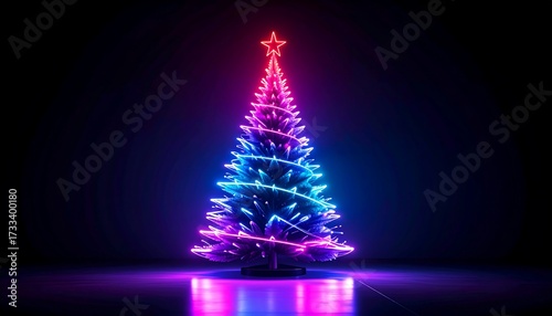 A vibrant neon Christmas tree glowing with pink and blue lights against a dark background