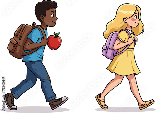 Cartoon children walking, school kids illustration, diverse students, backpack, apple, education, cheerful, outdoor, childhood, learning, friendship, happy, colorful, elementary, morning walk, 