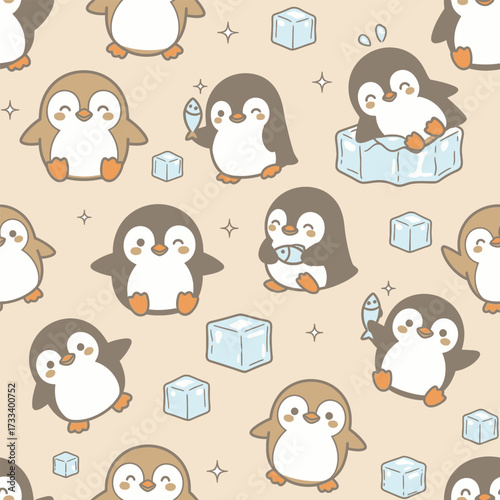 A Cute Kawaii Seamless Pattern featuring Charming Blue Foxes and Whimsical Red Mushrooms, Perfect for Children's Designs or Fabric Backgrounds