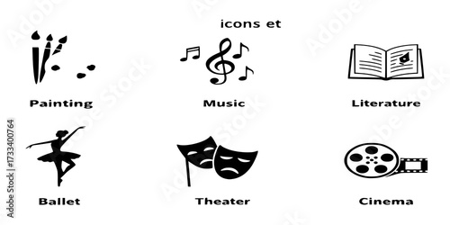 set of icons dedicated to arts: painting, music, literature, ballet, theater and cinema.
