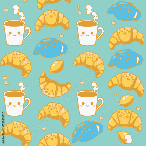 A Cute Kawaii Seamless Pattern featuring Charming Blue Foxes and Whimsical Red Mushrooms, Perfect for Children's Designs or Fabric Backgrounds