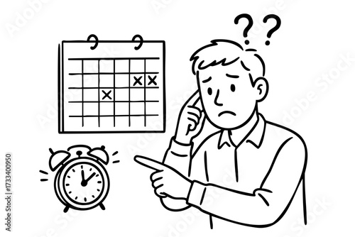 Man is looking at a calendar and pointing to the time. He is looking at the clock and seems to be in a hurry