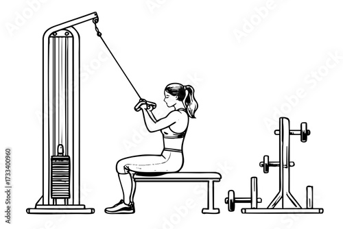 Woman is exercising on a bench with a weight machine behind her. Concept of determination and focus as the woman works out