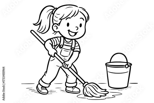 Girl is cleaning a floor with a mop. She is smiling and seems to be enjoying the task