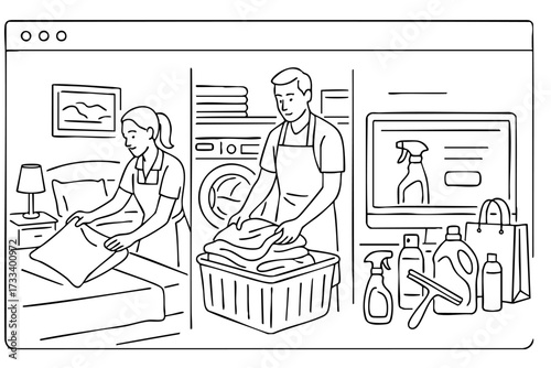 Woman is folding a pillow while a man is folding clothes. The man is wearing an apron