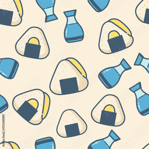 A Cute Kawaii Seamless Pattern featuring Charming Blue Foxes and Whimsical Red Mushrooms, Perfect for Children's Designs or Fabric Backgrounds