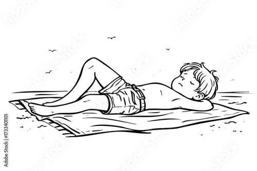 Boy is laying on a beach towel. He is wearing shorts and a shirt. The sky is blue and there are birds flying in the background