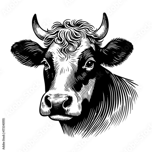 Cow with horns is staring at the camera. The horns are large and prominent, and the cow's face is drawn in a stylized way. Scene is somewhat menacing
