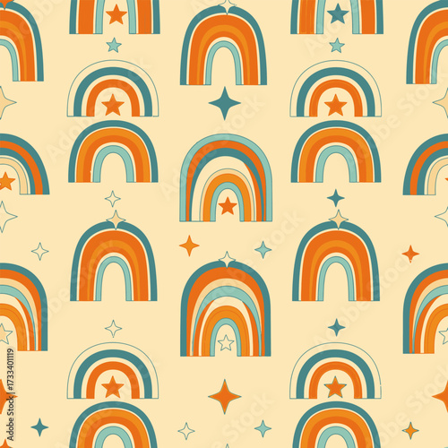 Retro Seamless Pattern Cute Kawaii Rainbows and Stars