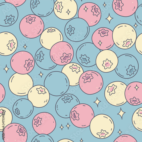 Seamless Pattern of Cute Kawaii Style Blueberries and Stars on Light Blue