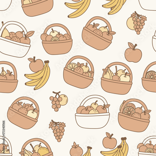 Seamless Pattern Cute Kawaii Fruit Baskets with Apples and Bananas