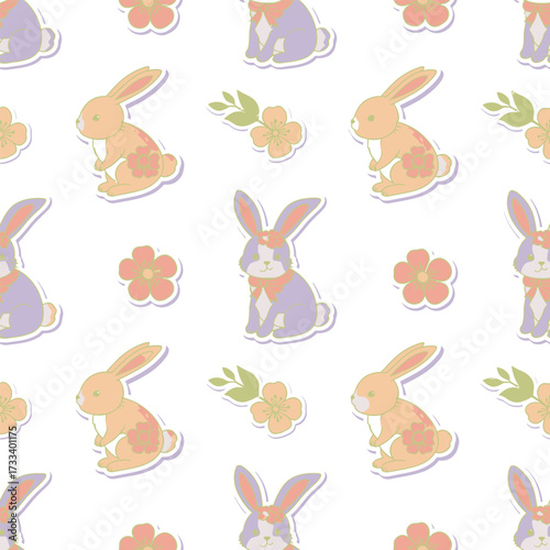 Seamless Pattern with Cute Kawaii Bunnies, Flowers, and Pastel Colors