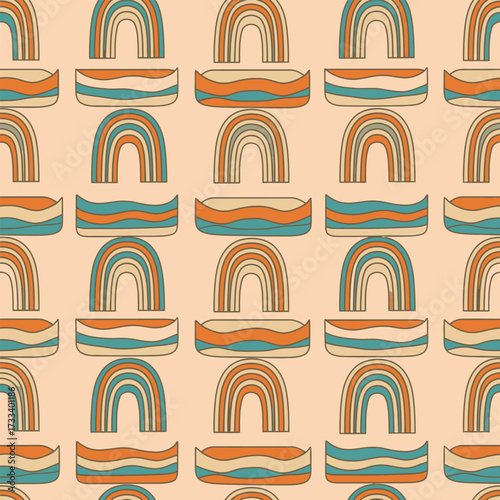 Seamless Pattern Cute Kawaii Rainbows and Wavy Lines, Retro Aesthetic