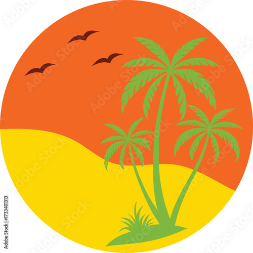 Vibrant sunset over sandy beach with palm trees and soaring birds, evoking tropical paradise