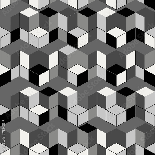 Seamless Pattern Cute Kawaii Isometric Cubes in Muted Grayscale Palette