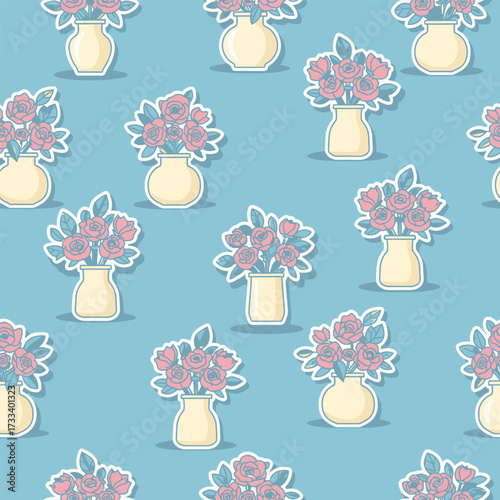 Seamless Pattern with Cute Kawaii Roses in Vases on Blue Background